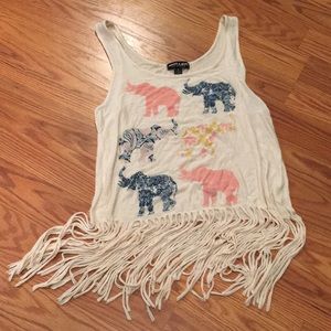 Elephant print fringe tank-top